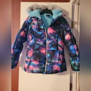 Girls' Galaxy Print Puffer Jacket with Faux Fur Hood - Blue/Pink